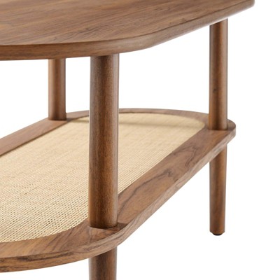 Walnut Oval Coffee Table with Rattan Shelf and Wood Grain Finish