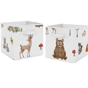 Sweet Jojo Designs Fabric Storage Bins Set Watercolor Woodland Forest Animals Green Brown White