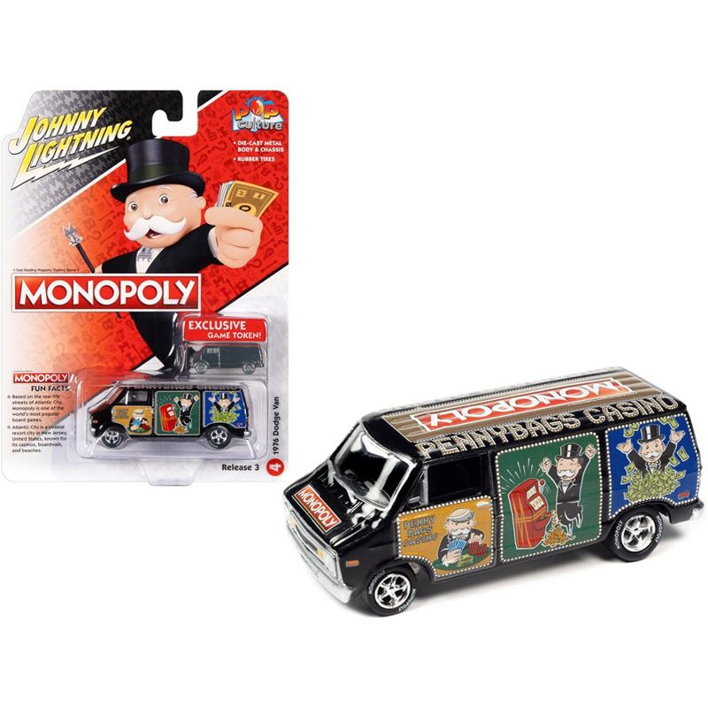 1976 Dodge Van Black "Pennybags Casino - Monopoly" with Dodge Van Monopoly Game Token 1/64 Diecast Model Car by Johnny Lightning, 1 of 4