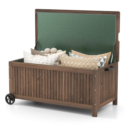 Tangkula 56 Gallon Wood Deck Box w/ Removable Waterproof PE Liner Wheels for Tools