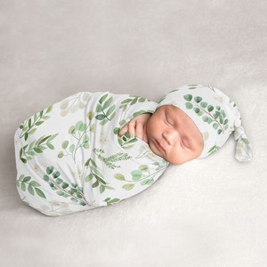 Sweet Jojo Designs Gender Neutral Baby Cocoon and Beanie Hat Swaddle Wrap Botanical Leaf Green and White 2pc - 1 of 4