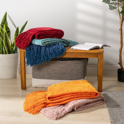 Olive Green Chenille Knit Throw Blanket with Tassel Fringe