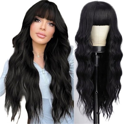Jessie's Wig 24 Inch Wavy Bangs With Wig Synthetic Hair Natural Black Color 1 Pc/Pack