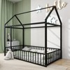 Twin Size Metal House Bed Frame with Safety Fence, Montessori Grounded Bed with Roof Design for Kids/Teens Bedroom, No Box Spring Needed - 3 of 4