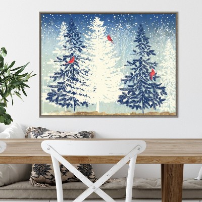 Snowy Christmas Trees Framed Canvas Wall Art Print