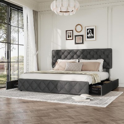 Homhougo Full Size Bed Frame with 4 Storage Drawers, Upholstered Platform Bed Frame with Adjustable Headboard, Diamond Stitched Button Tufted, Grey
