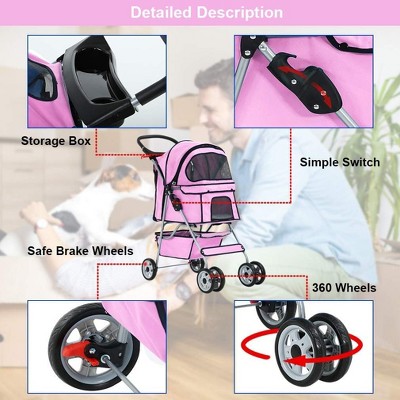 Pink 4-Wheel Pet Stroller with Mesh Windows