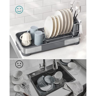 Compact Silver and Black Foldable Metal Dish Drying Rack with Utensil Cup