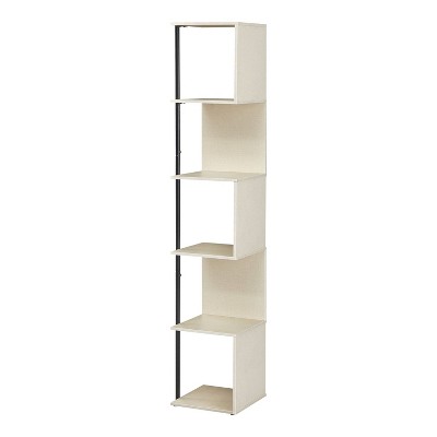Cream Weave 5-Shelf Corner Bookcase with Black Metal Support