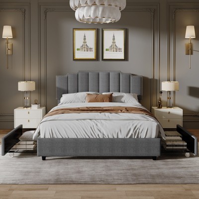 DOMETOUR Queen Size Upholstered Platform Bed Linen Bed Frame with 2 Drawer, Grey