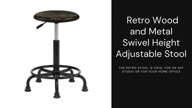 Retro Wood and Metal Swivel Height Adjustable Stool with Foot Ring - Distressed Black - studio designs, 2 of 7, play video