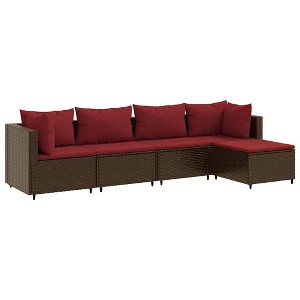 vidaXL Patio Lounge Set with Cushions Sectional Sofa Garden Backyard Poly Rattan - Brown and Red 5 Piece - 1 of 4