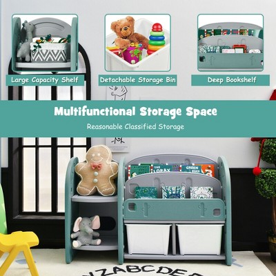 Costway Kids Toy Storage Organizer w/ 2-Tier Bookshelf & Plastic Bins