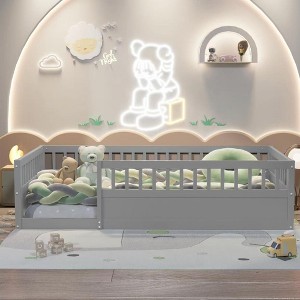 CAVINAS Twin Size Wood Montessori Bed,Modern Floor with Safety Fence and Door Bed,Toddler Bed for Bedroom - 1 of 4