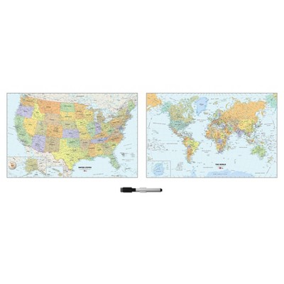 Wall Pops! White Board Decals 2ct - World and US Maps: Multicolor Dry Erase Boards with Marker, 35"x24"
