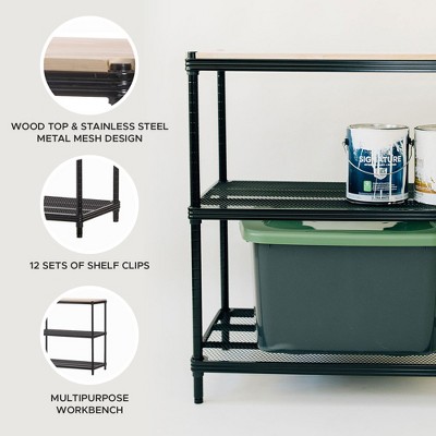 Black Steel Mesh 3-Tier Adjustable Shelving Unit with Wood Top