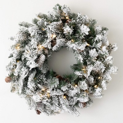 25"H Sullivans Artificial Lit Flocked Pine Christmas Wreath, Green-White, Indoor Christmas Decor