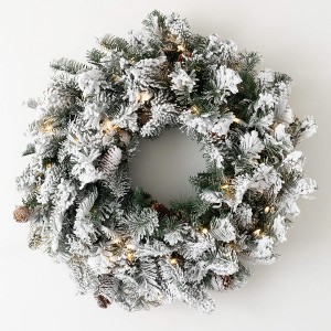 25"H Sullivans Artificial Lit Flocked Pine Christmas Wreath, Green-White, Indoor Christmas Decor - 1 of 4