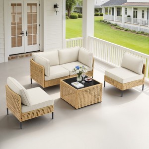 Buenhomino Boho Patio Yellow Wicker Sectional Seating Group, Outdoor Conversation Set with Cushions - 1 of 4