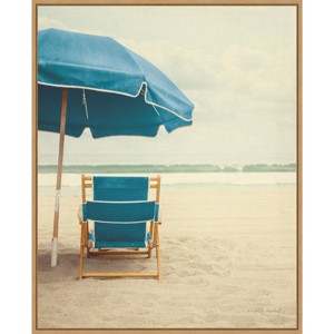 23" x 28" Beach Umbrella II Bright Turquoise by Elizabeth Urquhart Framed Canvas Wall Art Print - Amanti Art - 1 of 4