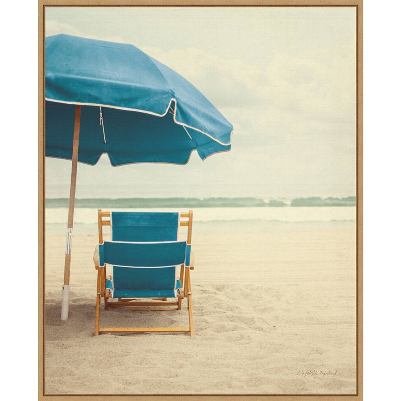 23&#34; x 28&#34; Beach Umbrella II Bright Turquoise by Elizabeth Urquhart Framed Canvas Wall Art Print - Amanti Art, 1 of 10