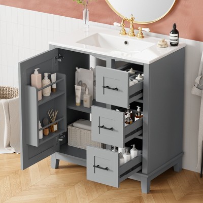 TIRAMISUBEST 30'' Bathroom Vanity with Ceramic Sink, Freestanding Bathroom Vanity Cabinet with 1 door with Double Storage Racks, 3 Drawers