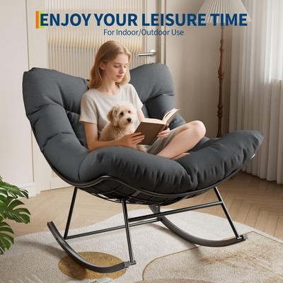 Outdoor Rocking Chair, Oversized Patio Wicker Egg Chair with Soft Thick Cushio, Lounge Rocker, Comfy Reading Chairs for Balcony Garden