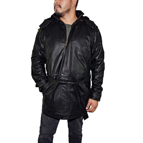 Victory Outfitters Men's Genuine Leather Hooded & Belted Parka Black 3XL