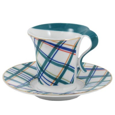 Retro Art Deco Plaid Porcelain Espresso Demitasse Set 12 Pieces