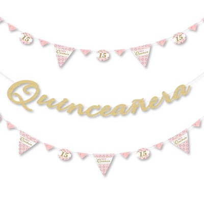 Big Dot of Happiness Mis Quince Anos - Letter Banner Decor - 36 Banner Cutouts and No-Mess Real Gold Glitter Happy Birthday Banner Letters