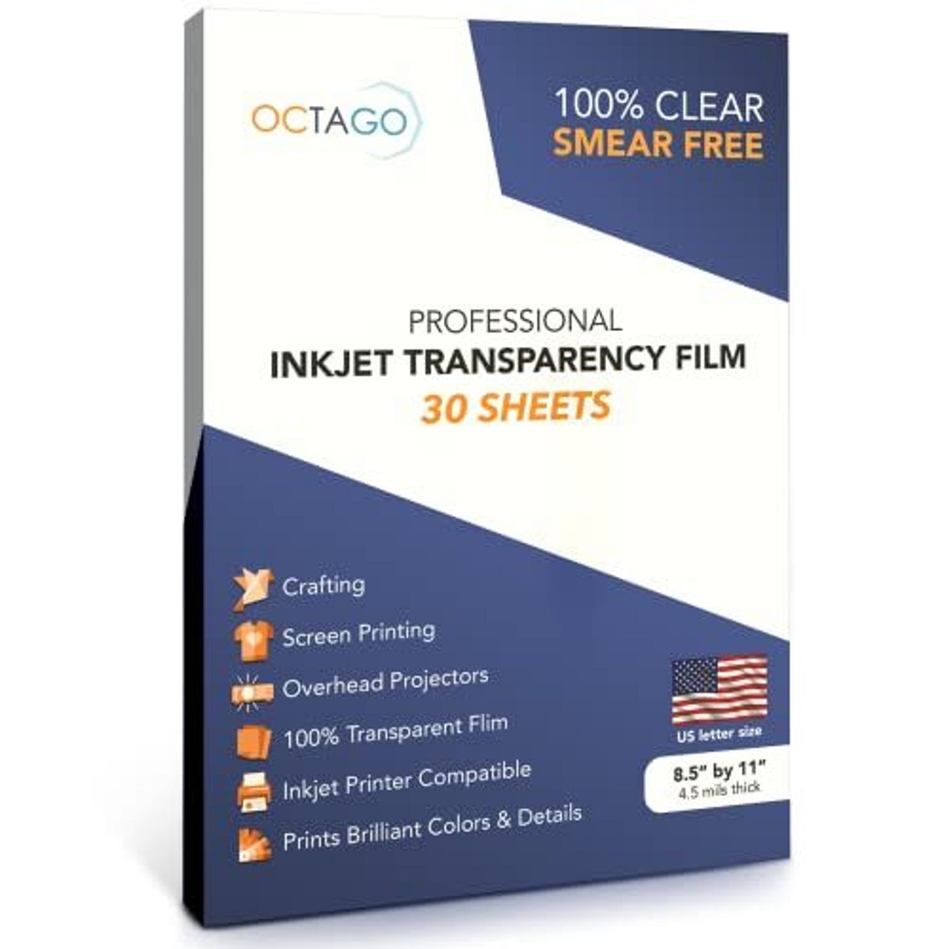 Octago Inkjet Transparency Paper for Printers, Color Inkjet Transparency Film, Acetate Sheets (8.5x11 Inches) - 30 Sheets