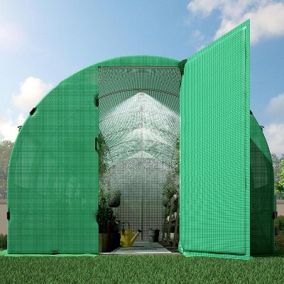 AMERLIFE Greenhouse with Watering System, 12 Windows, Swing Door, Galvanized Frame, Green
