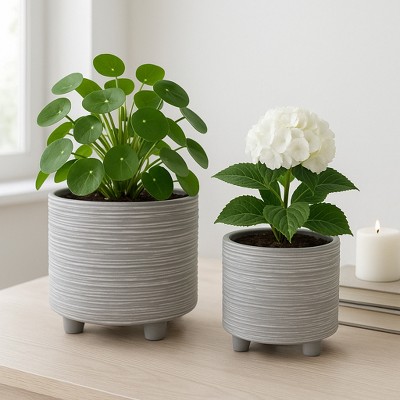 Sagebrook Home 2-Piece Set of Ceramic Planters Stylish Footed Plant Stand Set for Indoor or Outdoor
