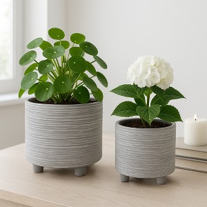 Sagebrook Home 2-Piece Set of Ceramic Planters Stylish Footed Plant Stand Set for Indoor or Outdoor - 1 of 4