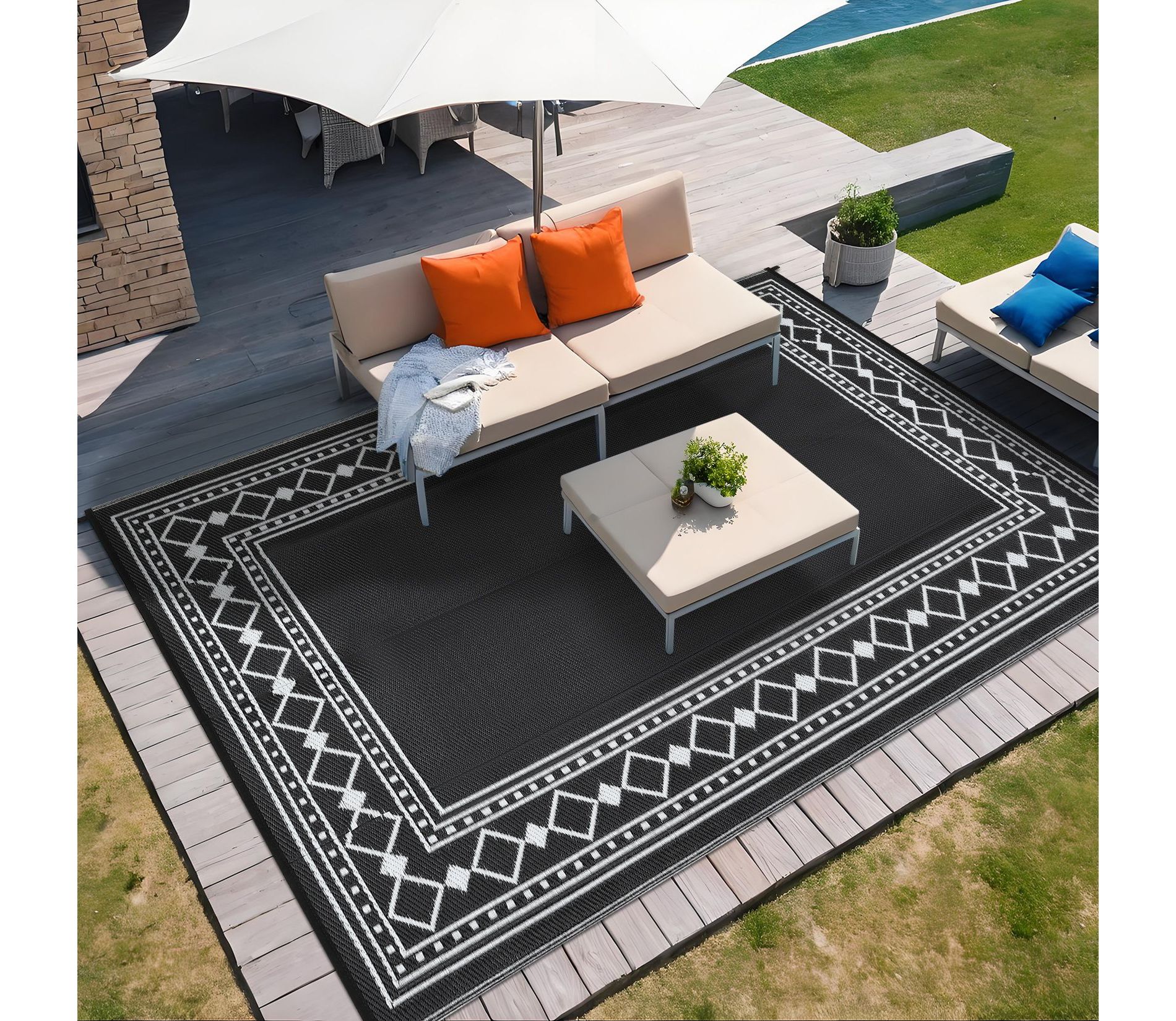 9x12 Outdoor Area Rug, Waterproof Plastic Straw Outdoor Carpet, Modern Border  Reversible Mat and Rug, Indoor Outdoor Washable Throw Carpet, Patio,