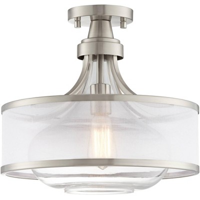 Possini Euro Design Modern Ceiling Light Semi Flush Mount Fixture Brushed Nickel 15" Wide Double Organza Glass Shade for Bedroom