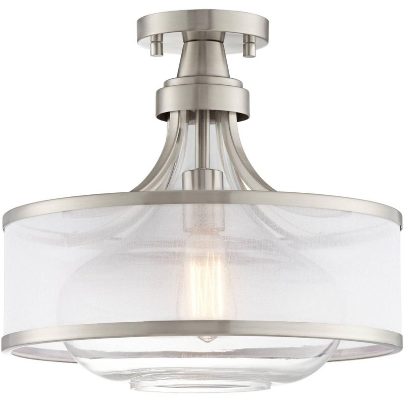 Possini Euro Design Layne Modern Ceiling Light Semi Flush Mount Fixture 15" Wide Brushed Nickel Silver Organza Clear Glass Shade for Bedroom Kitchen, 1 of 10