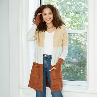 Women's Colorblock  Open-Front Cozy Cardigan - A New Day™ Cream/White/Brown S