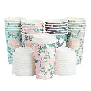 Juvale 24-Pack Floral Disposable Coffee Cups with Lid, 16 Oz, 4 Pastel Colors, Cute Paper To-Go Cups for Hot Drinks - 1 of 4