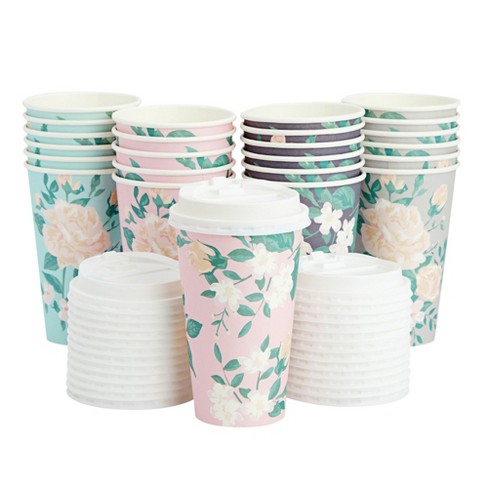 Juvale 24 Pack Disposable Floral Paper Coffee Cups With Lids 16 Oz
