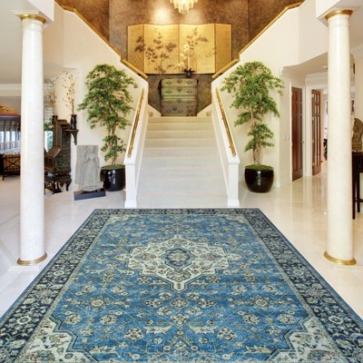 Blue Medallion Synthetic Traditional Washable Area Rug, 4' x 6'