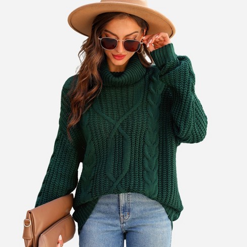 Women's Forest Green Cable Knit Turtleneck Sweater - Cupshe-L-Green