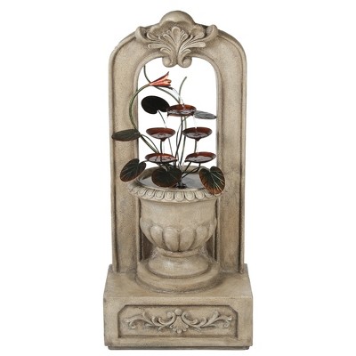 LuxenHome 40.35 in. H Arched Cement Urn with Metal Flowers Outdoor Fountain Beige