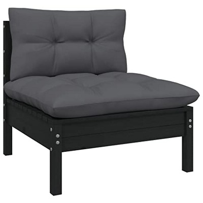 vidaXL Patio Middle Sofa - Comfortable with Cushions - Freestanding Black Garden Furniture - Solid Pinewood Construction - Flexible Modular Design