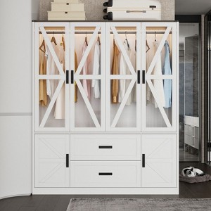 FUFU&GAGA  3-Color LED Lit Glass Door Wardrobe with Drawers,Farmhouse Armoire,Multi-Storage Closet Organizer,Large Capacity Bedroom Organizer,White - 1 of 4