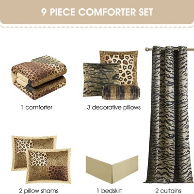Queen Brown Gold Microfiber Safari Comforter Set with Curtains
