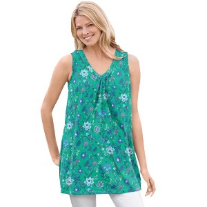 Woman Within Plus Size Perfect Printed Sleeveless Shirred V-Neck Tunic - 1 of 4