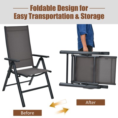 Gray Aluminum Folding Dining Chairs with Adjustable Reclining Backrest, Set of 2