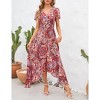 Women's Summer Short Sleeve V Neck Floral Print Irregular Hem Mid Split Button Smocked Waist Casual Swing Maxi Dress - 4 of 4