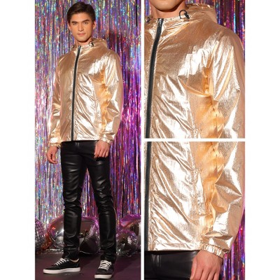 Lars Amadeus Men's Drawstring Hooded Zipper Party Club Metallic Windbreaker Golden XX Large — фото 5
